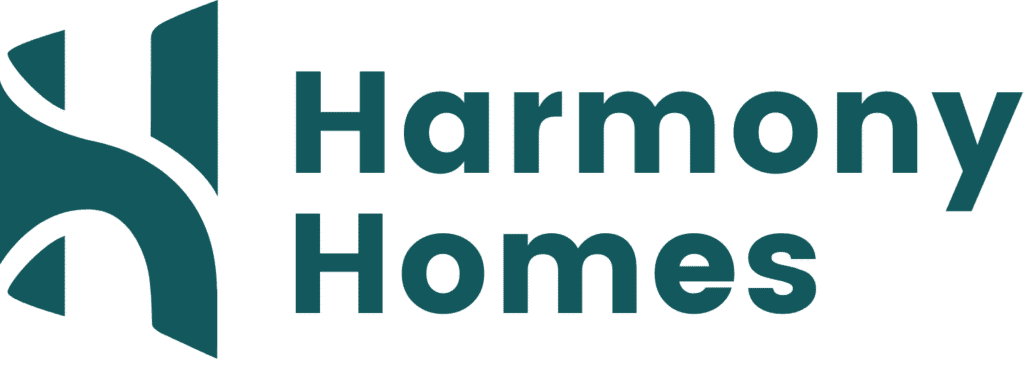 Elegant villa exterior with Harmony Homes branding in Dubai, showcasing luxury property design.