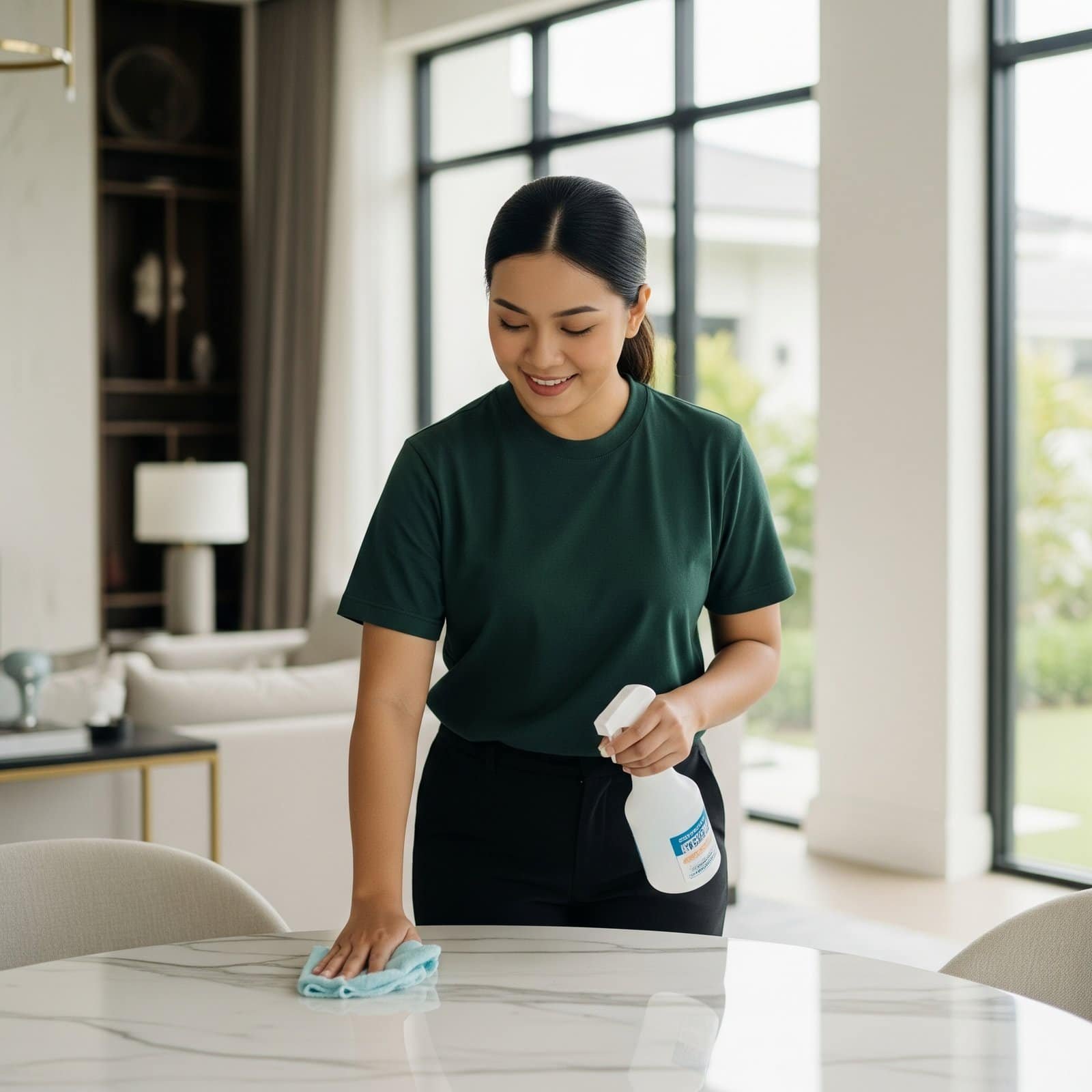Woman cleaning a marble table with spray and cloth at Harmony Homes.