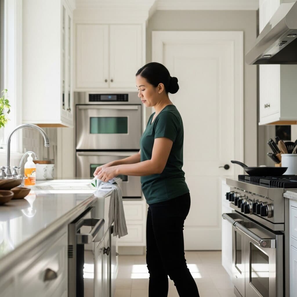 Woman cleaning kitchen countertop in a modern, bright home kitchen.