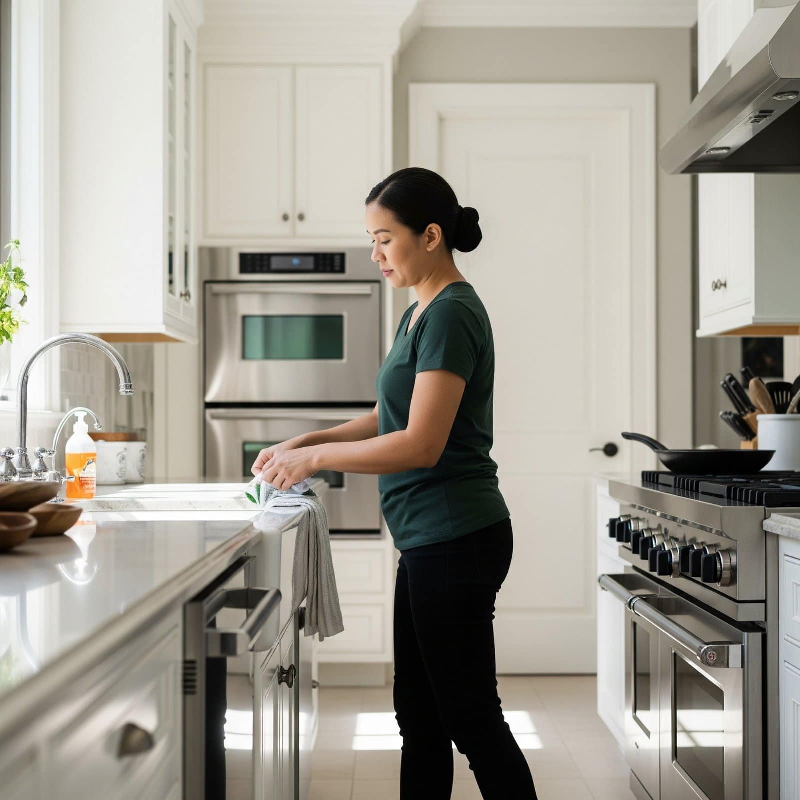 Woman cleaning kitchen countertop in a modern, bright home kitchen.