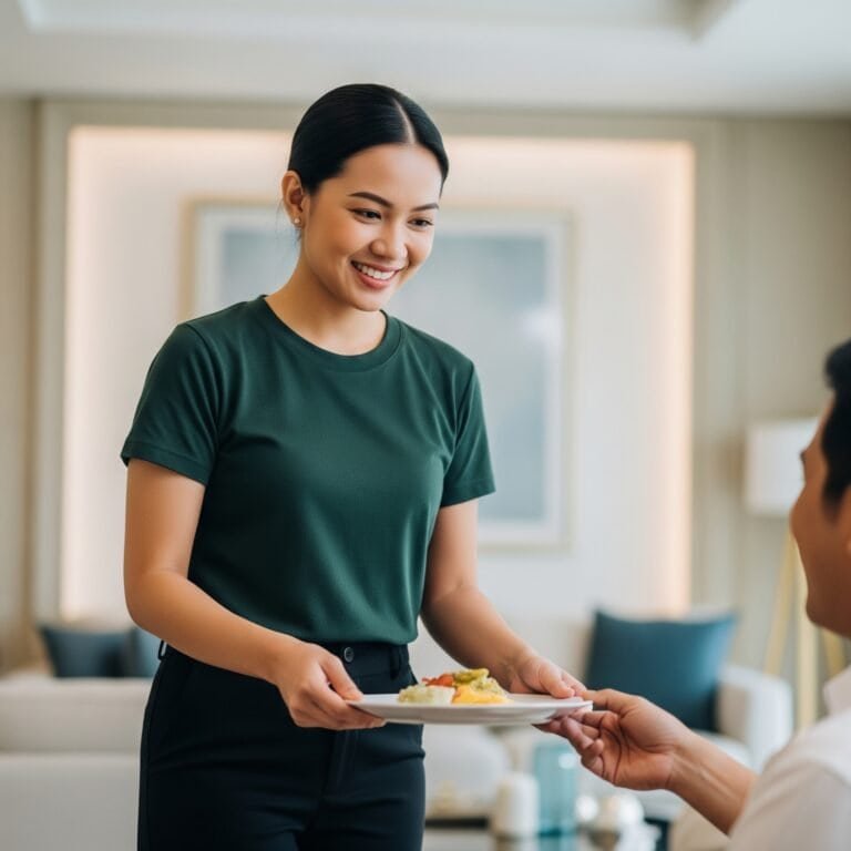 Modern woman serving food in a stylish Dubai apartment living room.