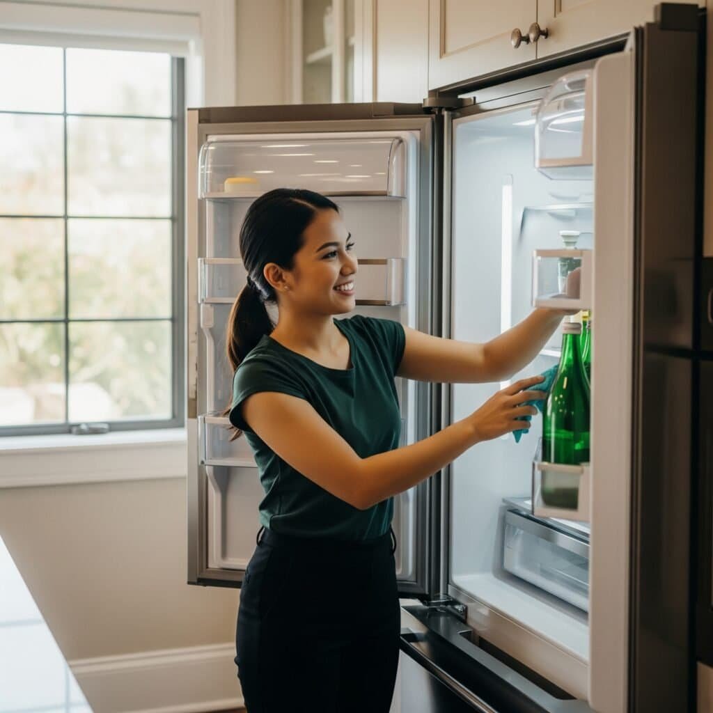 Woman organizing a modern refrigerator in a bright kitchen.