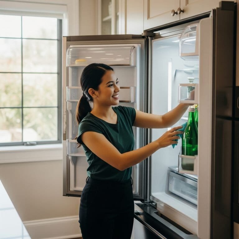 Woman organizing a modern refrigerator in a bright kitchen.