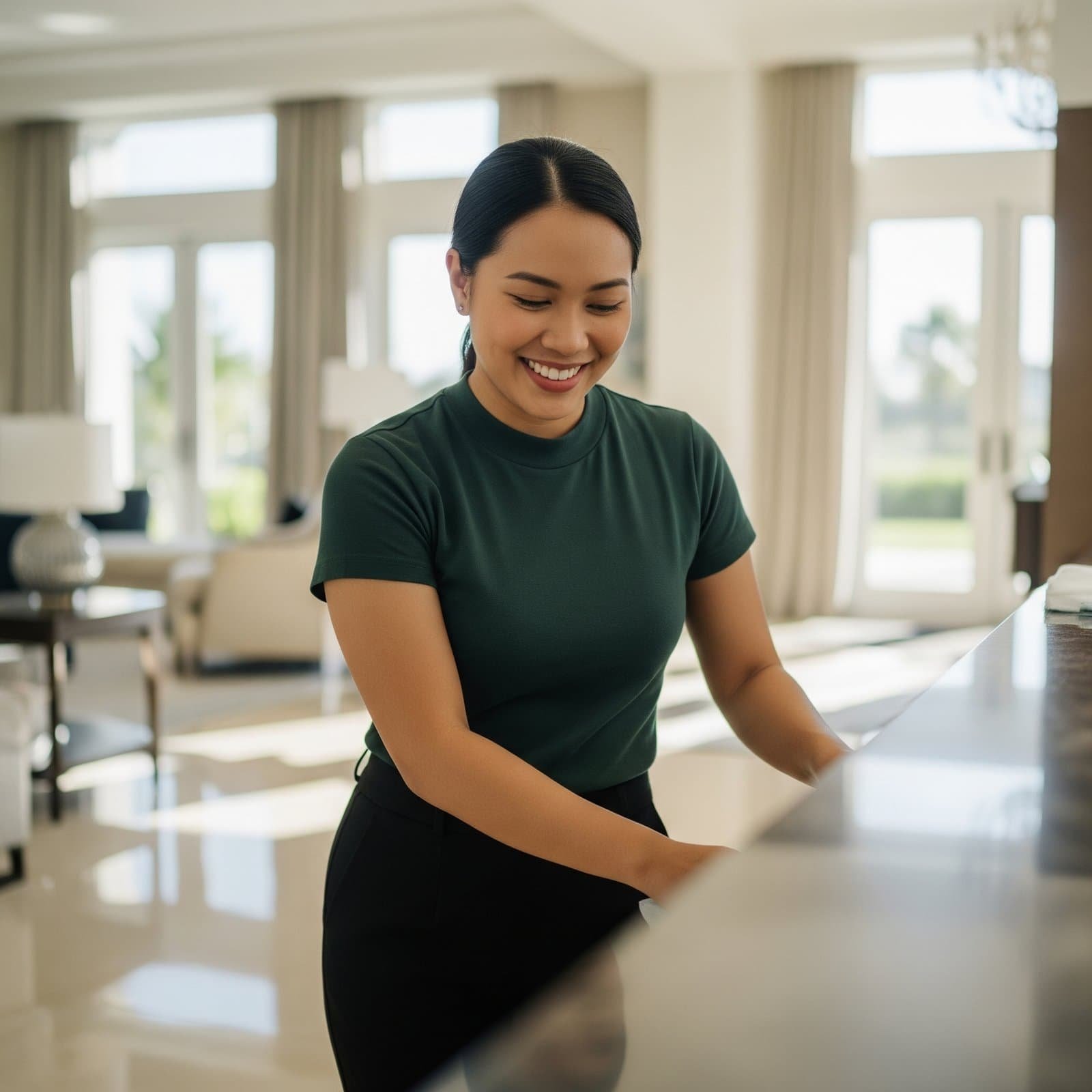 Friendly receptionist at Harmony Homes smiling at the front desk in a modern lobby.