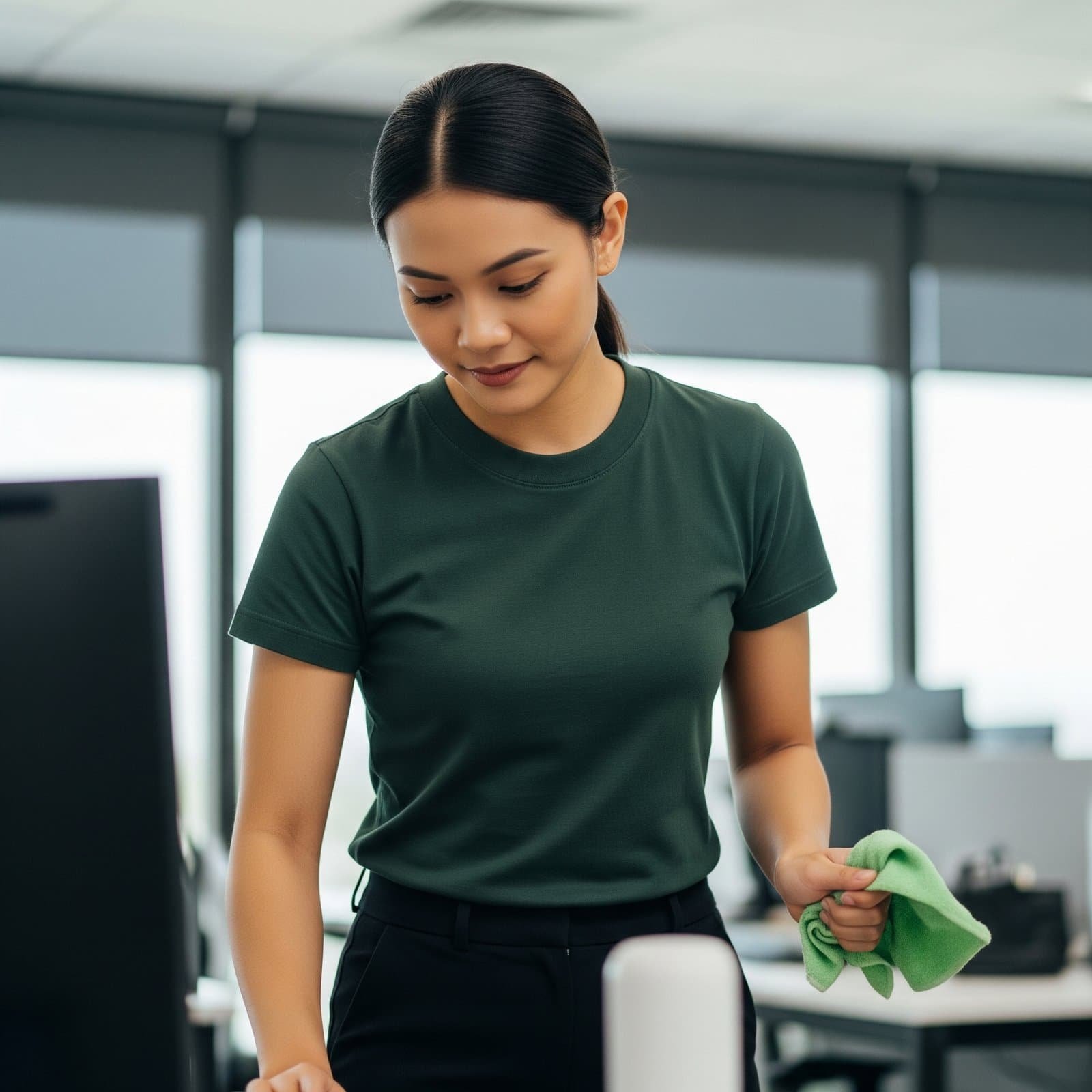 Woman cleaning office desk with green cloth at Harmony Homes.