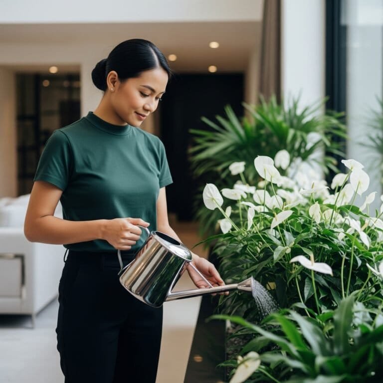 Watering indoor plants with a metal watering can in a modern living space.